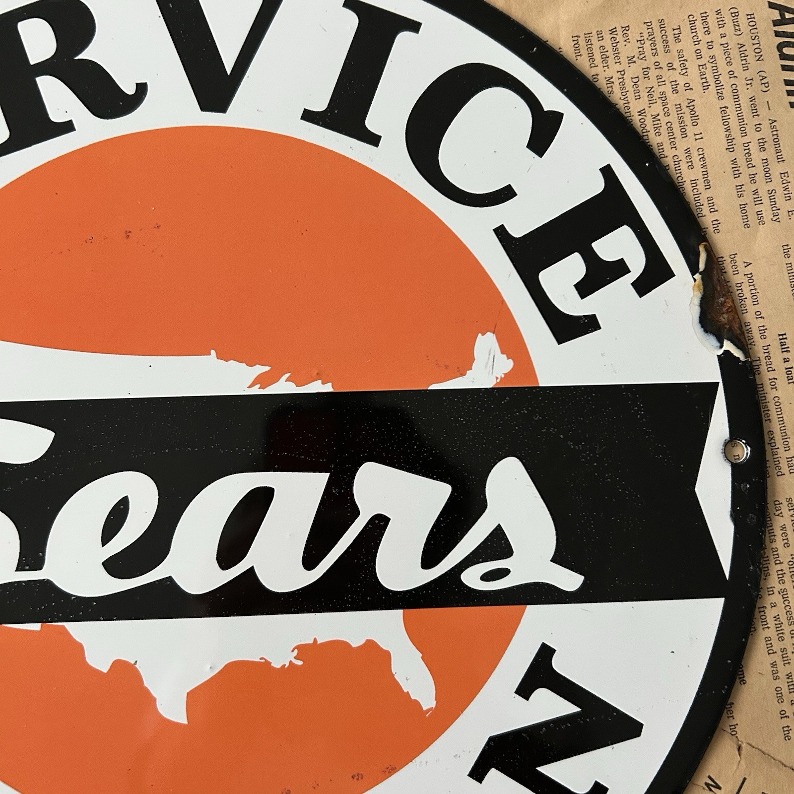 VINTAGE SEARS SERVICE STATION AUTO DEALER GAS OIL 12 INCH PORCELAIN ENAMEL SIGN