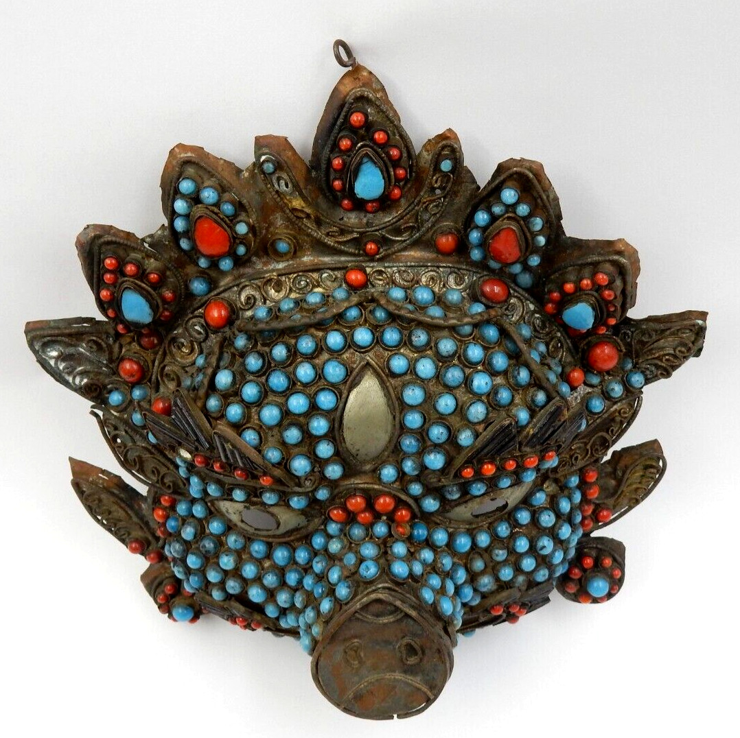 ANTIQUE HANDMADE MAHAKALA PIG FACE MASK ~ TIBETAN NEPALESE HINDU BUDDHIST MASK
