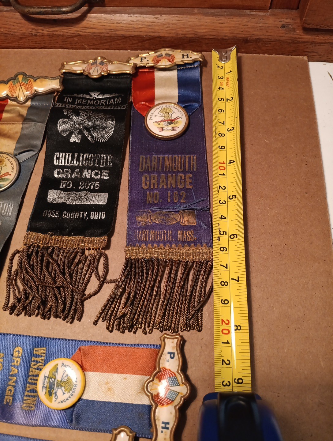 5 Original Patrons Of Husbandry Ribbons Various City's. All Complete Medals