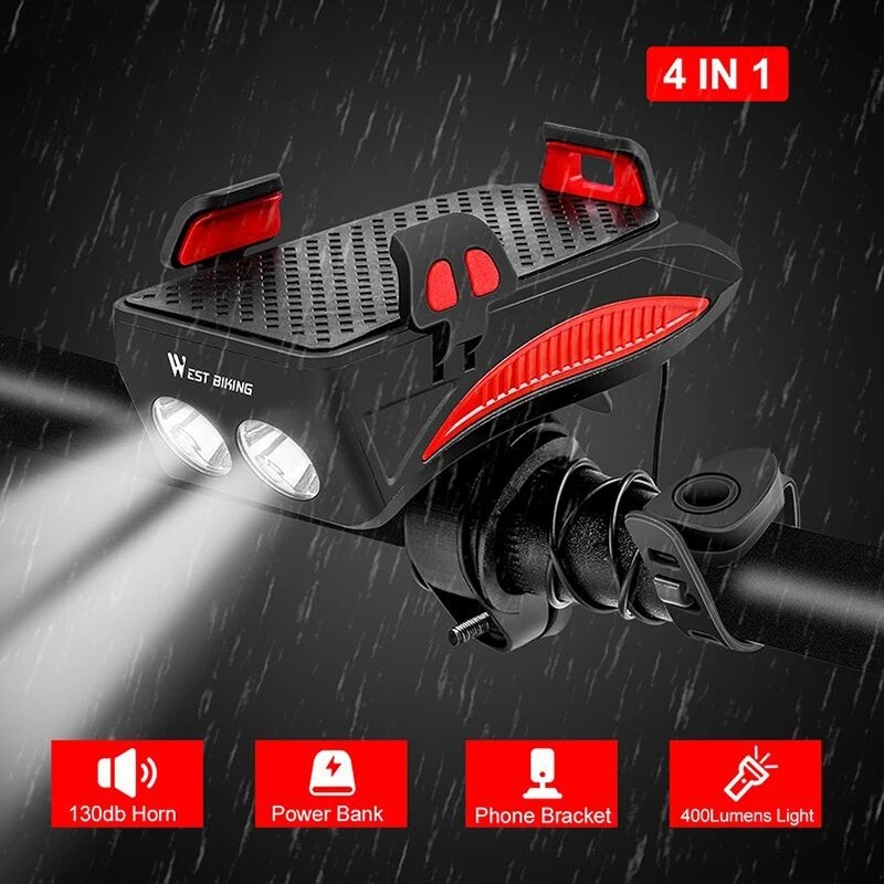 Multi-Function 4/5 in 1 Bicycle Front Light 2000/3000MAh USB Charging Headlight