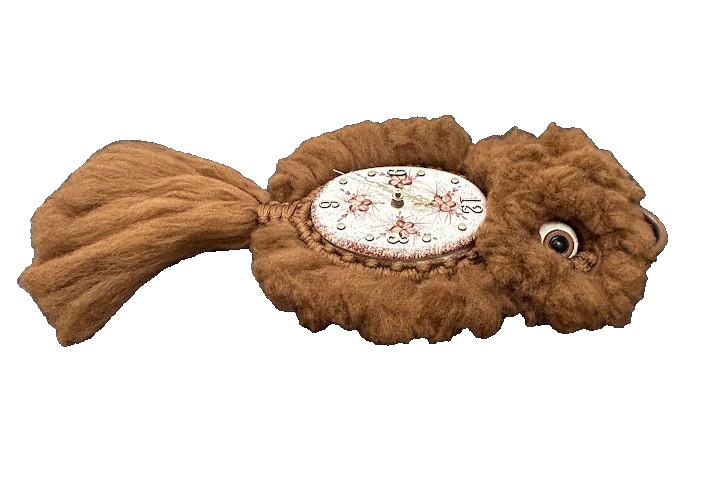 VTG Macrame Owl Hanging Wall Clock Cottagecore 70s Oval Ceramic Face Fluffy Boho