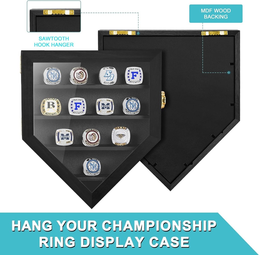 Championship Ring Display Case 12 Posts, Sports Case, Black