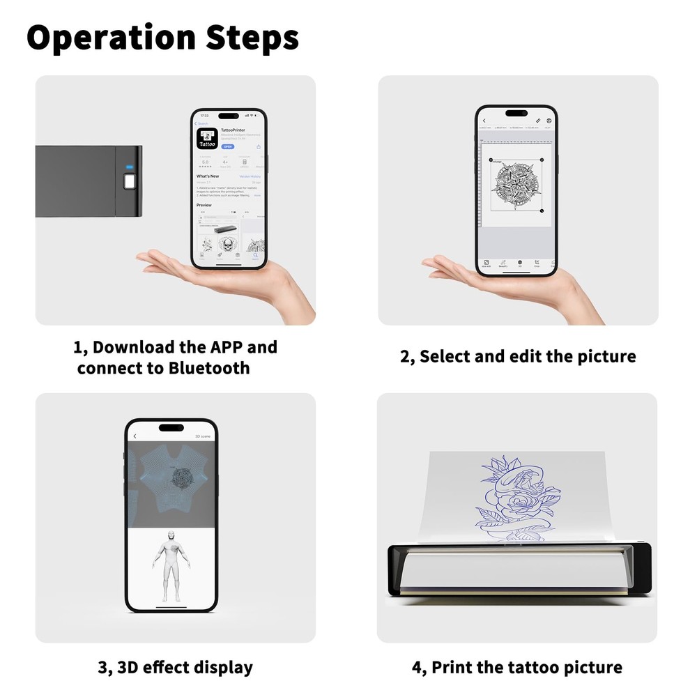 Wormhole Tattoo Stencil Printer, Wireless Bluetooth Printer with black