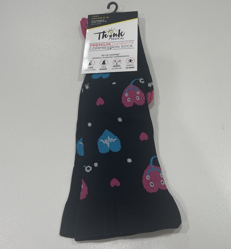 Think Medical- Women's Black And Pink Patterned Compression Socks- Size 6-10