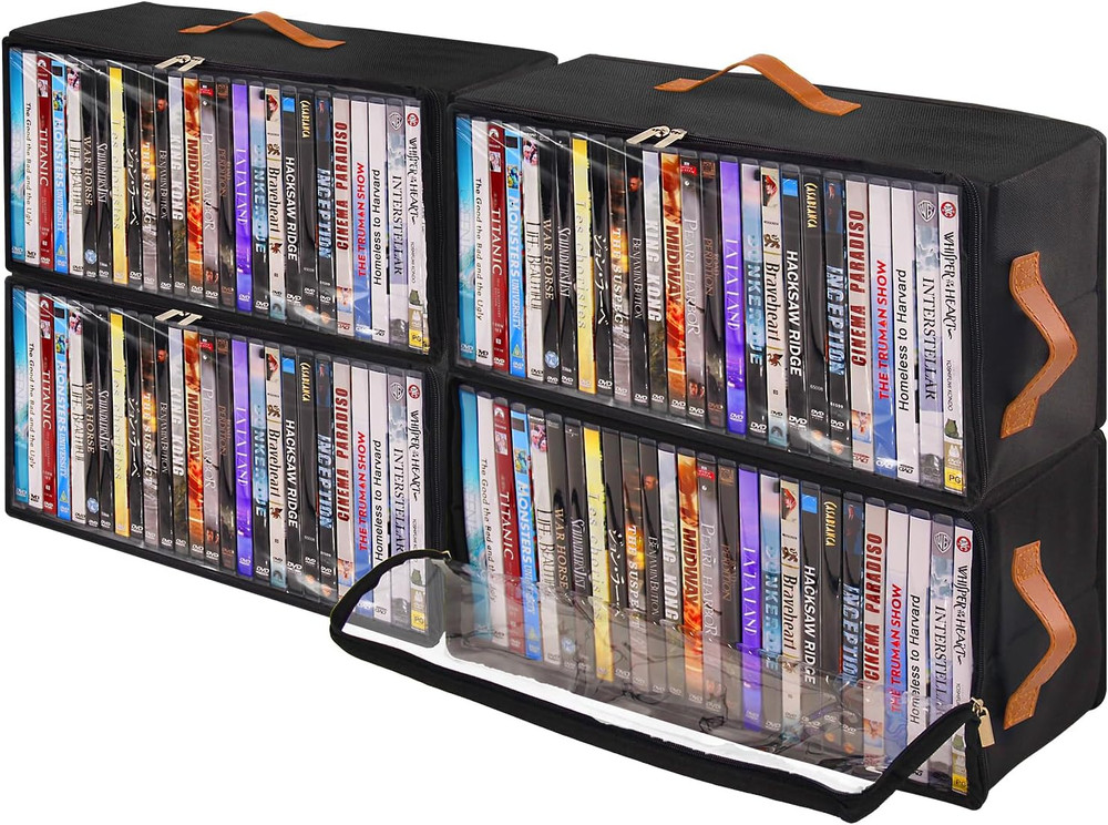 4 Pack DVD Storage Box, Stackable Oxford Fabric DVD Cases Holder with Front Zipp