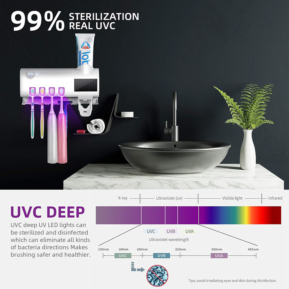 UV Light Sterilizer Toothbrush Holder Cleaner & Automatic Toothpaste Dispenser