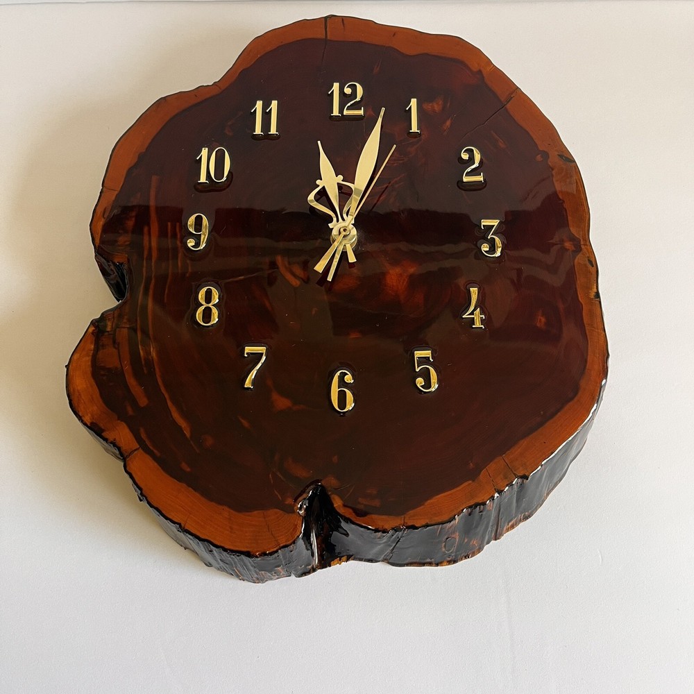 Rustic Live Edge Heavy Wood Slab Wall Clock Epoxy Coated Battery Powered EUC