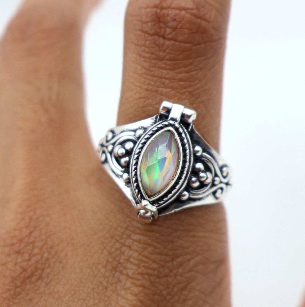 Aurora Opal Stone Poison Ring, 925 Silver Platted, Compartment Pill Box Ring