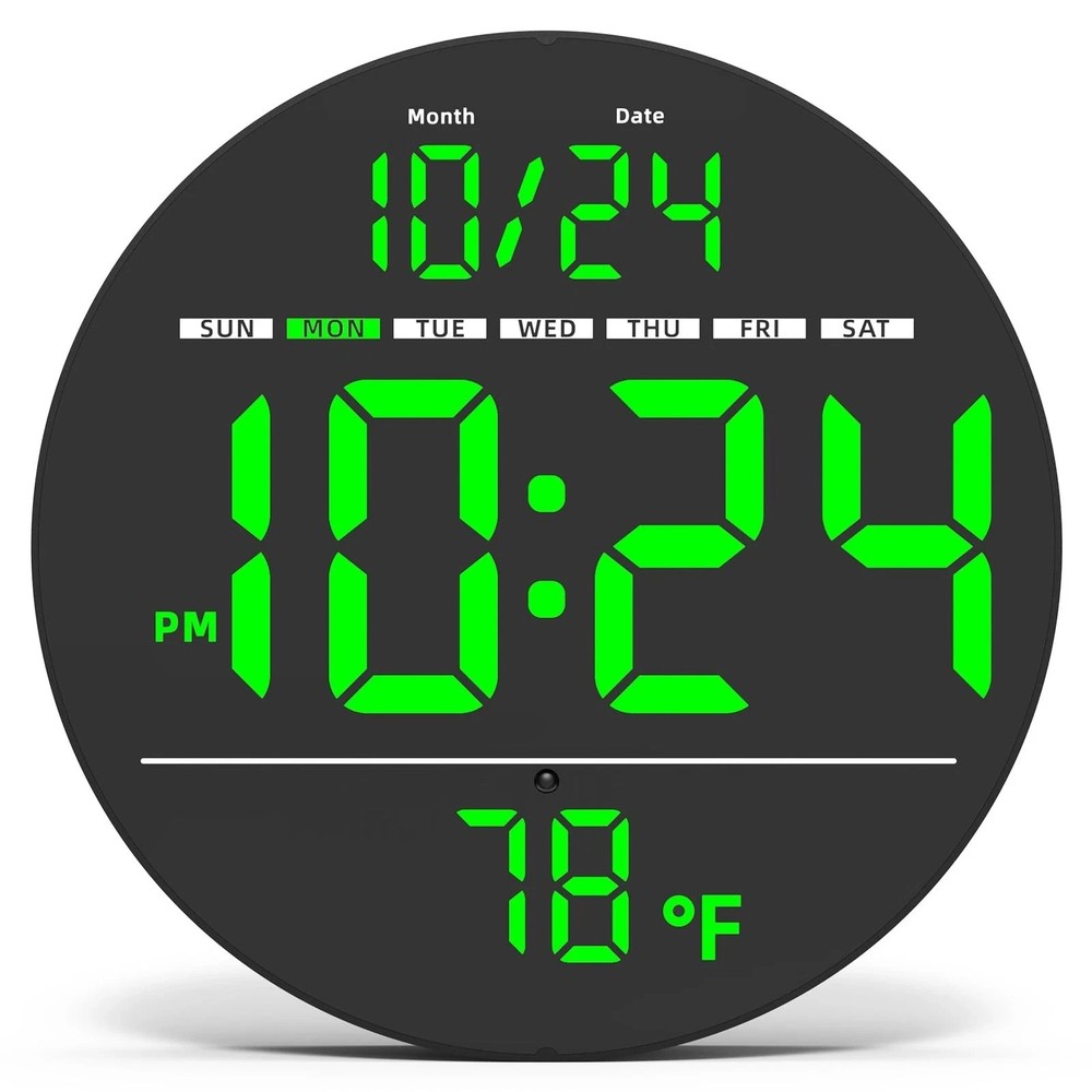 Digital Wall Clock with Large LED Display, Auto-Brightness, Temperature, Low-