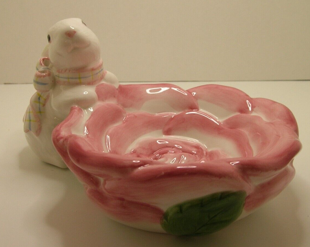 Easter Bunny with Rose Bloom Bowl Serving Dish Holliday