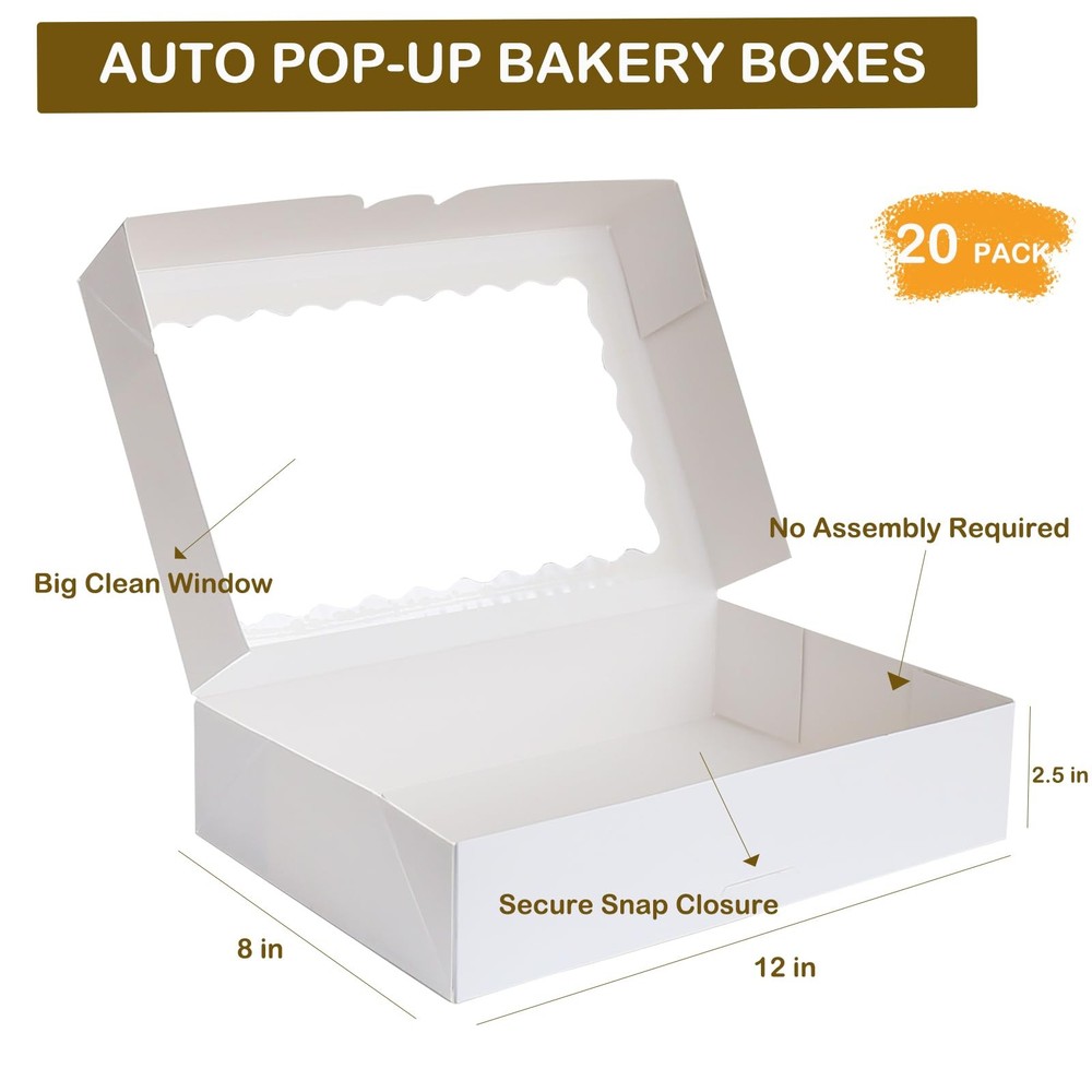 20-Pack Auto-Pop Baking Boxes Large Size 12''X8''X2.5'' White Cookie with Window