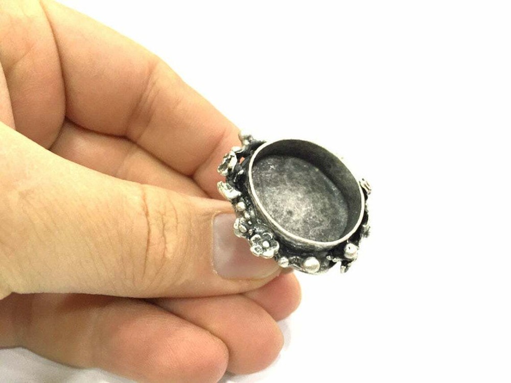 Flower Round Blank Ring Settings Bezel Cabochon Mountings Adjustable Silver