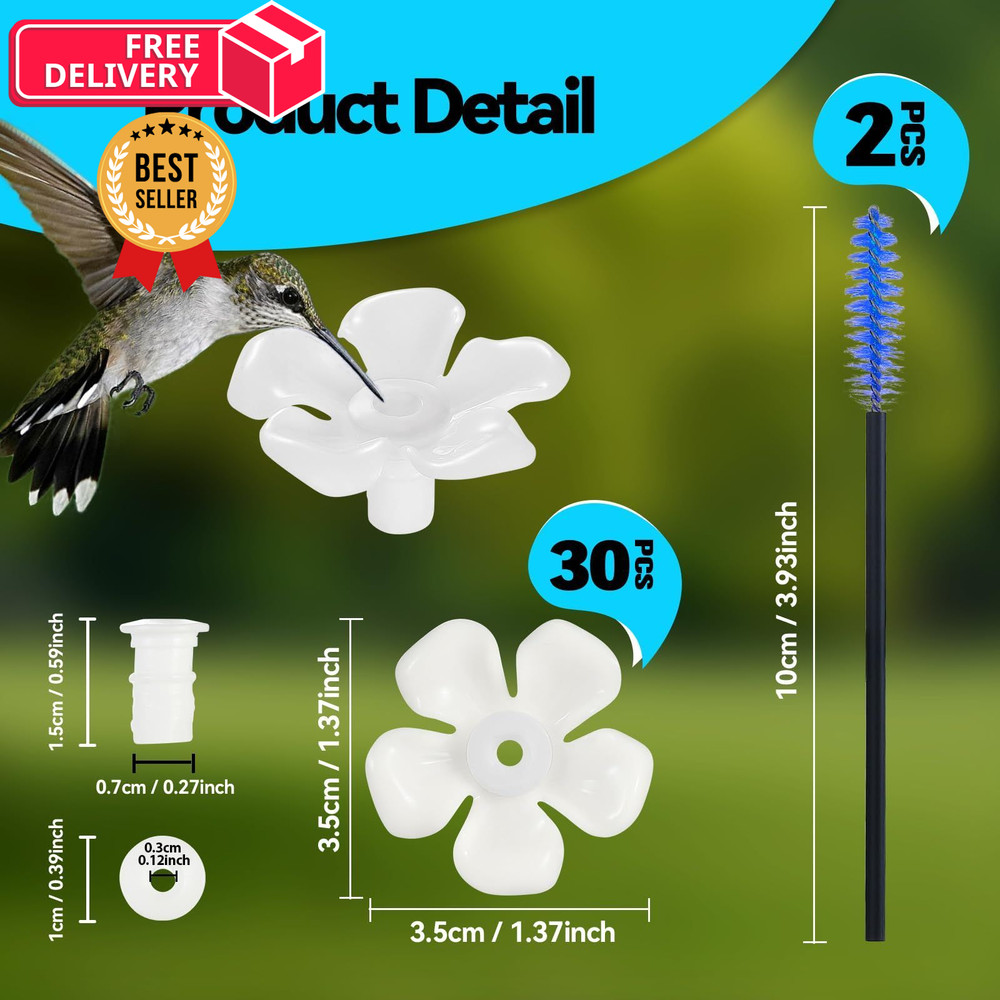 30 Hummingbird Feeder Replacement Flowers - Bee-Proof White Plastic