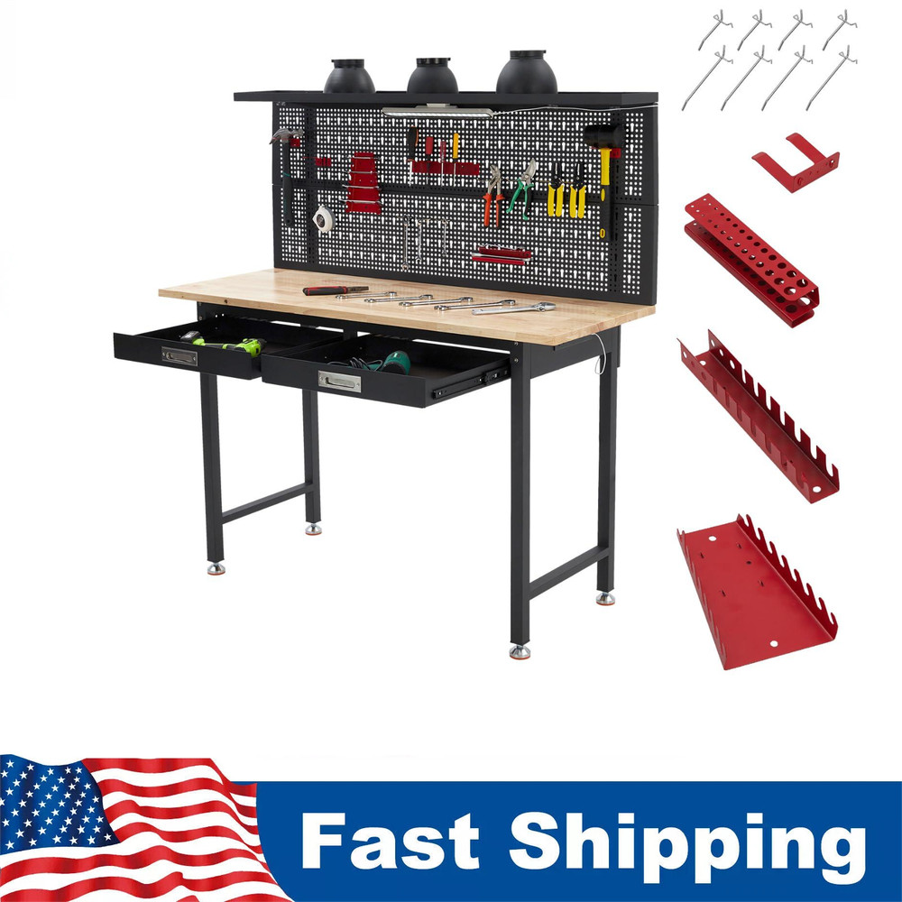 🔝60" Adjustable Heavy Duty Workbench 2000 LBS Work Table with 2 Drawers LED Lig