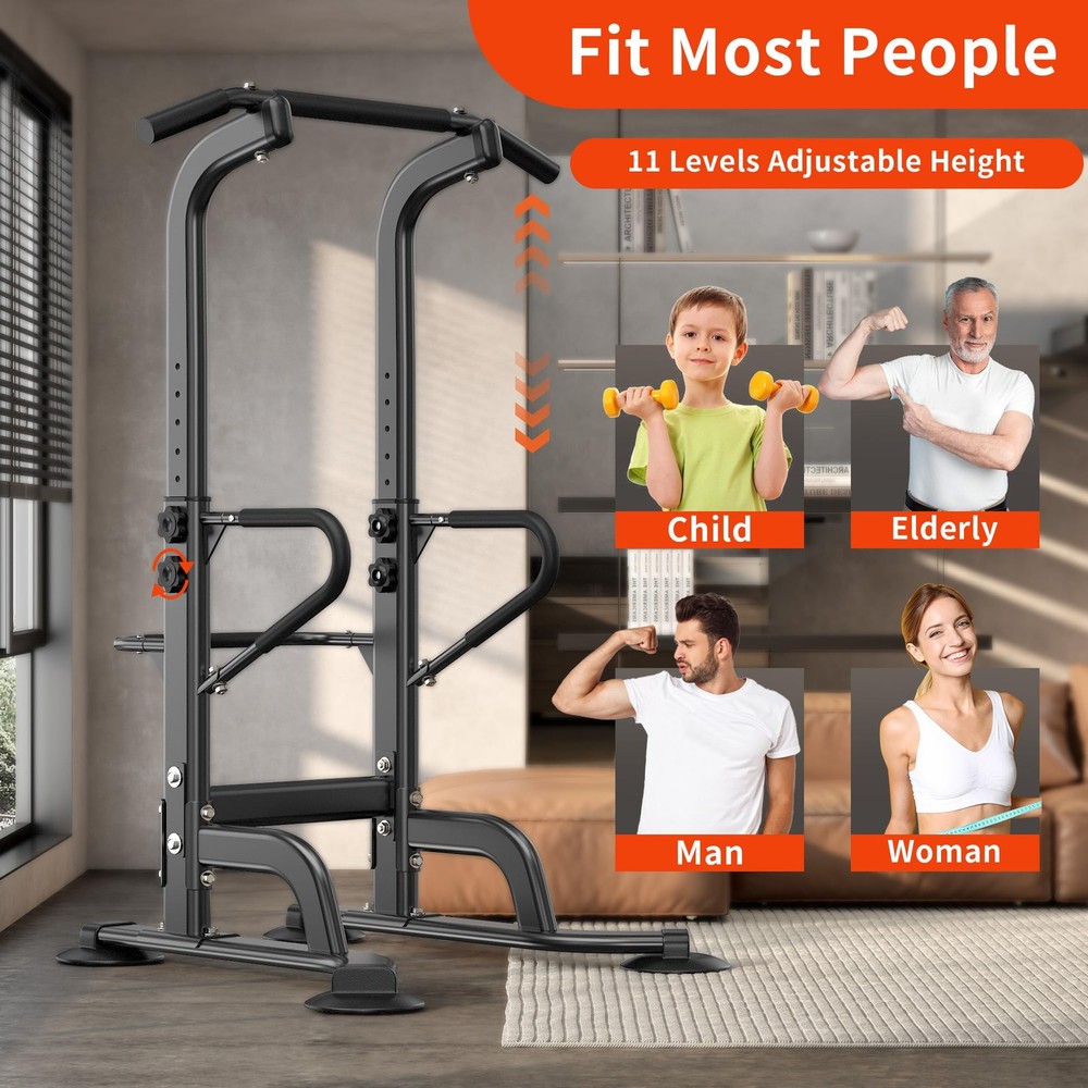 Power Tower 11 Height Adjustable Pull Up Bar and Dip Station Multi-Function S...