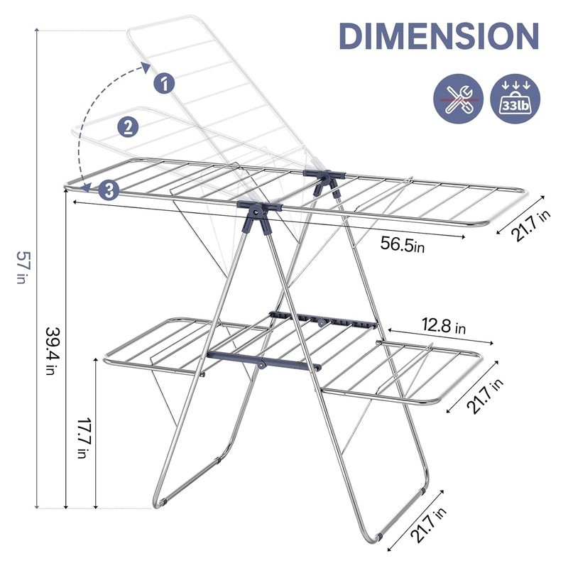 Adjustable Foldable Drying Rack Two Tiers Space Saving Indoor Outdoor Use