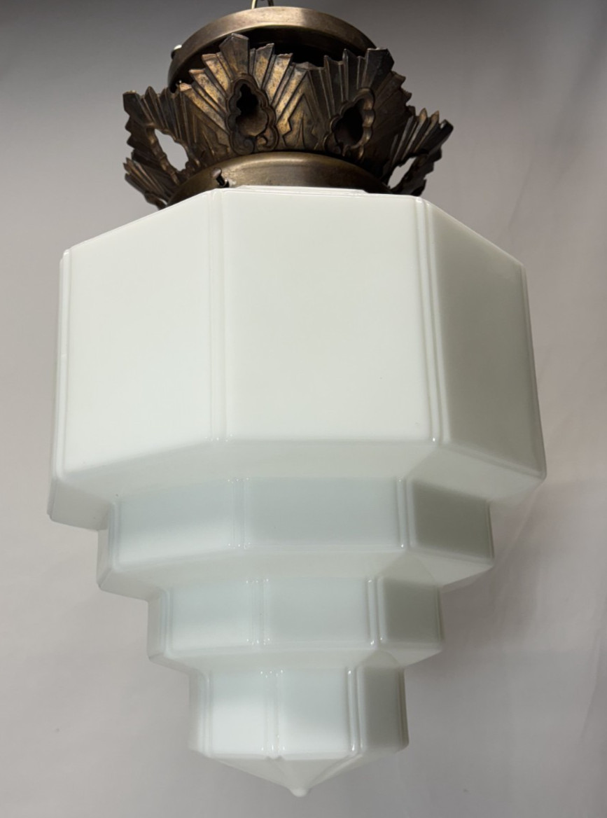 Skyscraper Light Fixture Ceiling Flush Brass Vtg Art Deco Glass Shade USA #L39