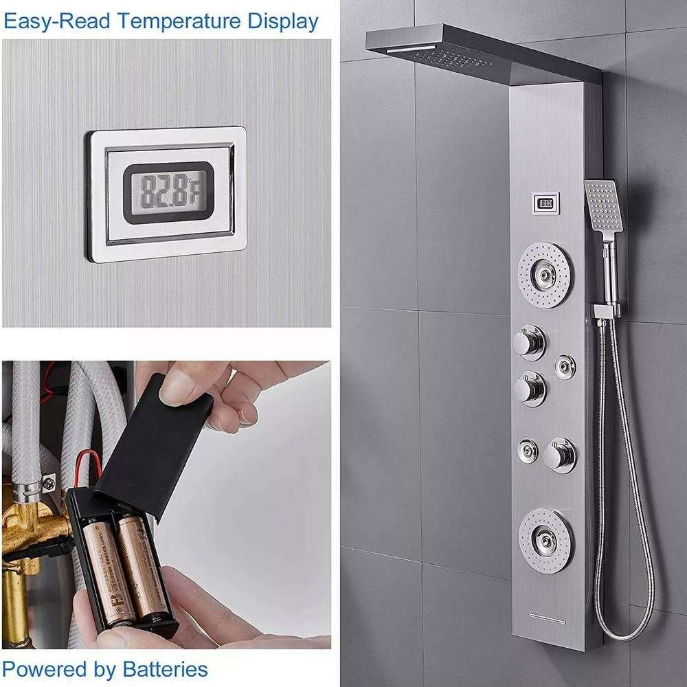 Brushed Shower Panel Tower System LED Rain Waterfall Head Combo Body Massage Jet