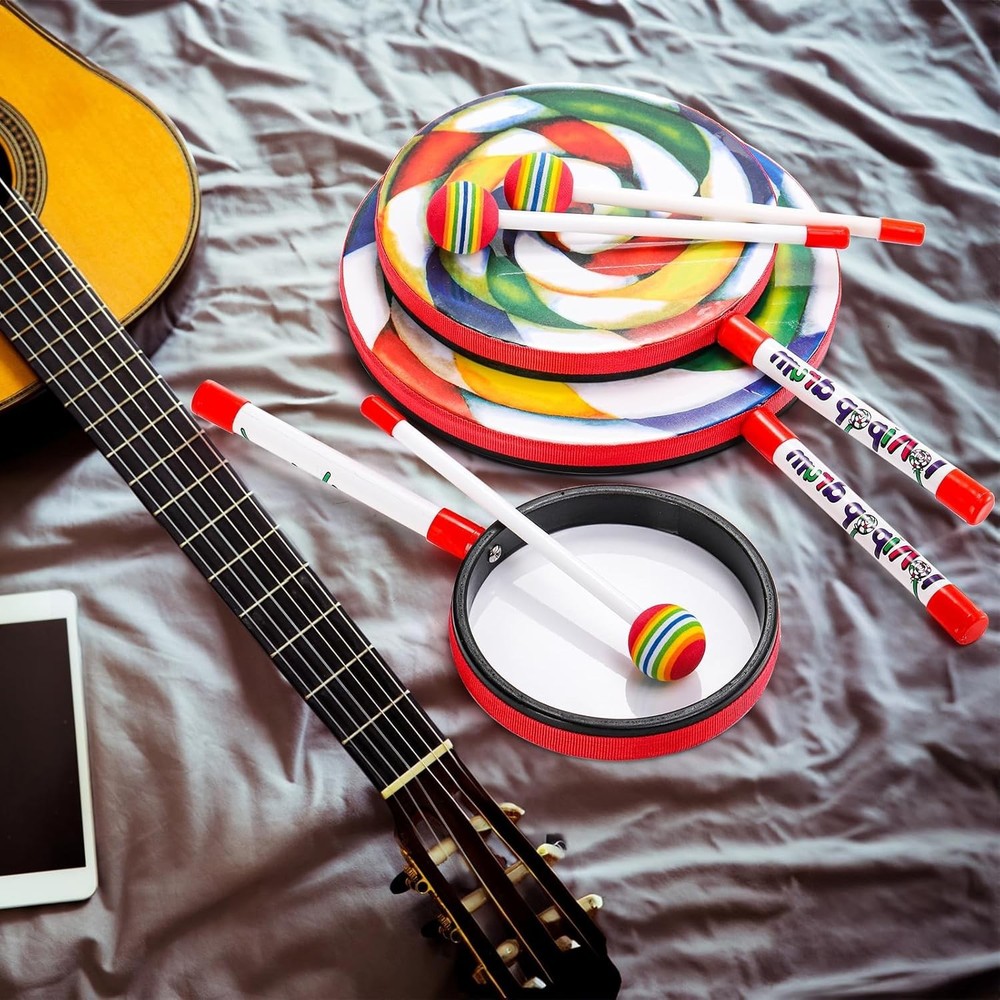 3-Piece Rainbow Lollipop Drum Set with Mallets - Fun Percussion Instruments