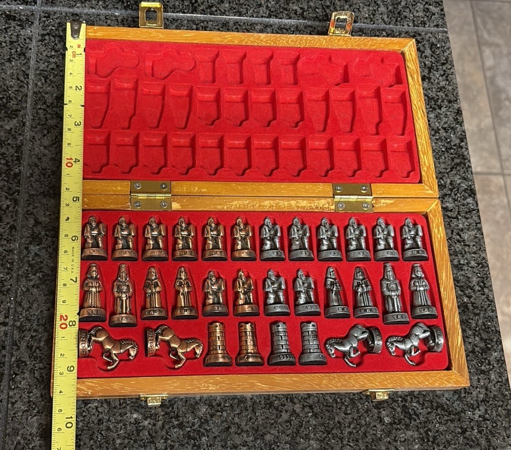 Chess Travel Hinged Wood Board Metal Bronze Silver Pieces Set Small Mini