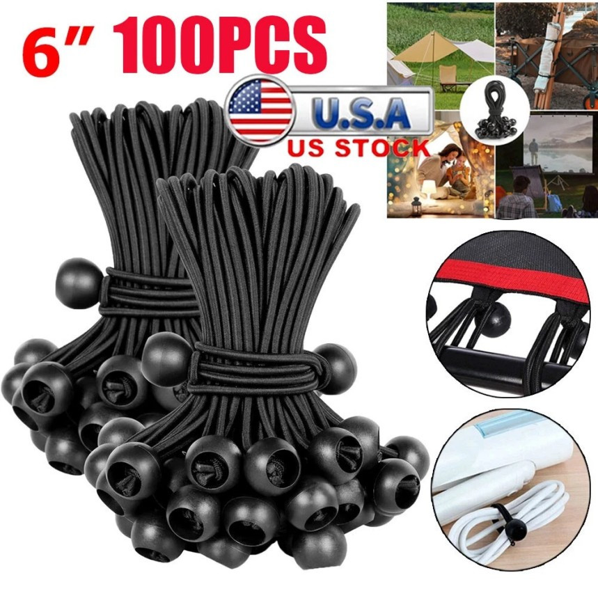 6" Ball Bungee Bungie Cord 100Pcs Black Heavy Duty Canopy Tarp Tie Downs *