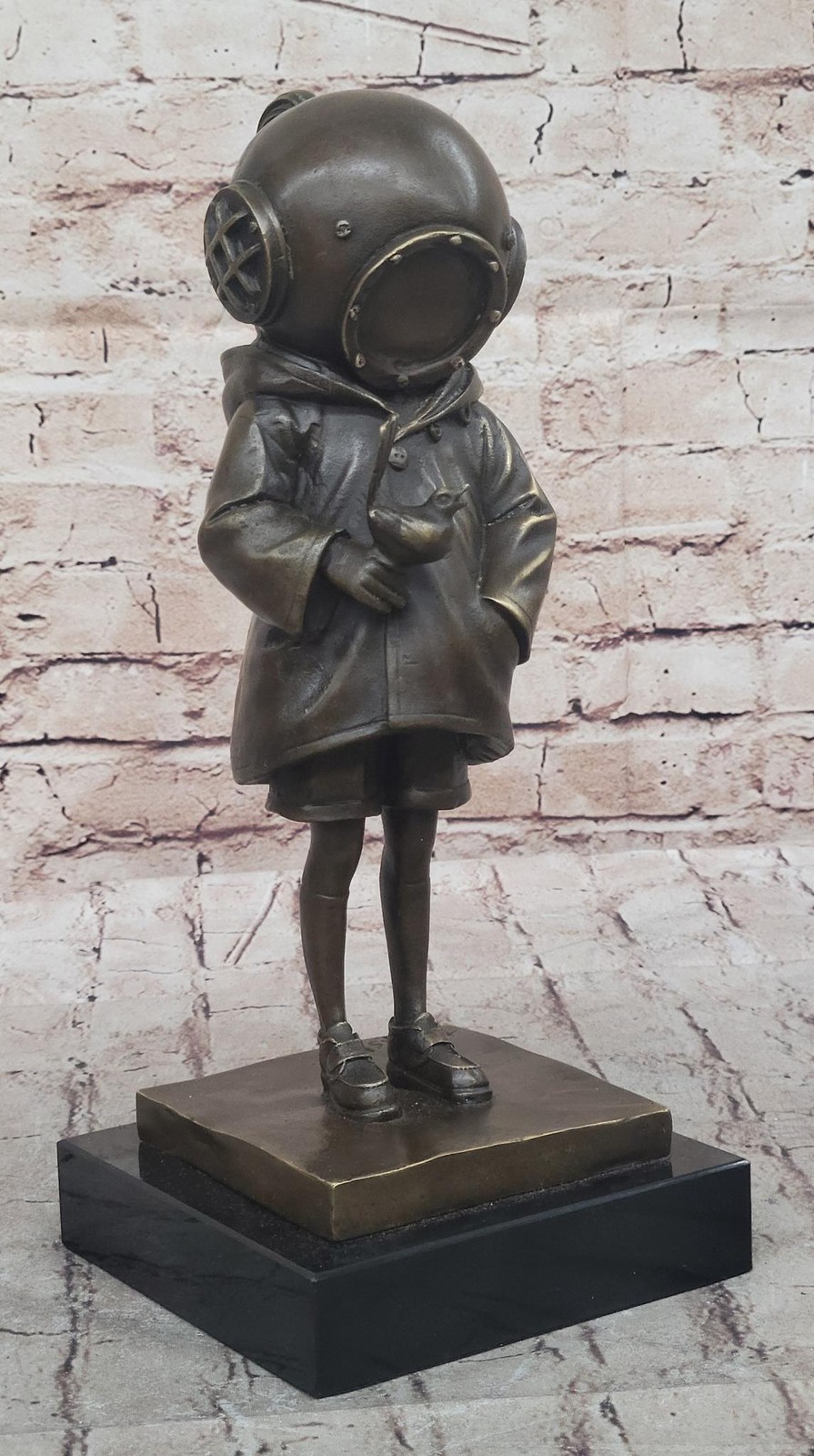 Space Girl and Bird after Banksy - Bronze Sculpture Statue on Marble Base