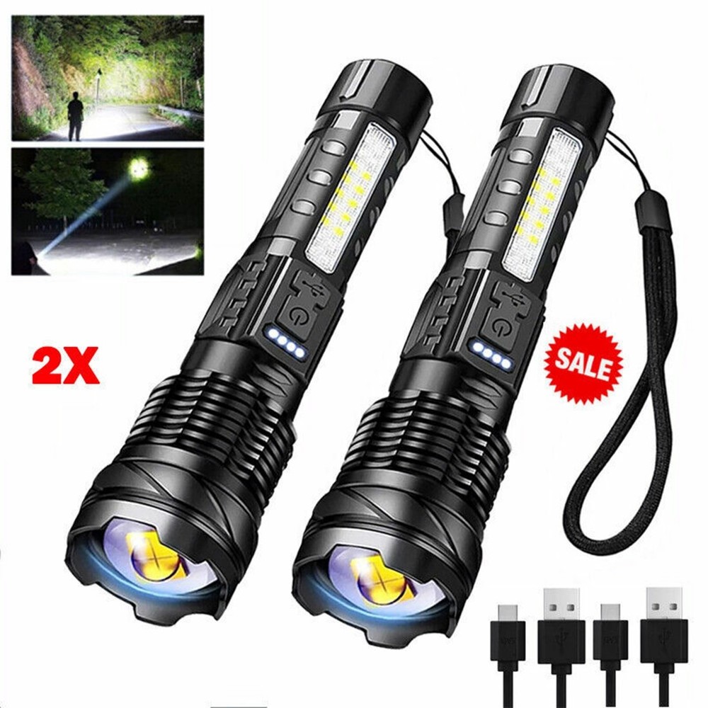 2Pack USB Rechargeable LED Flashlight Zoomable for Camping Hiking & Work