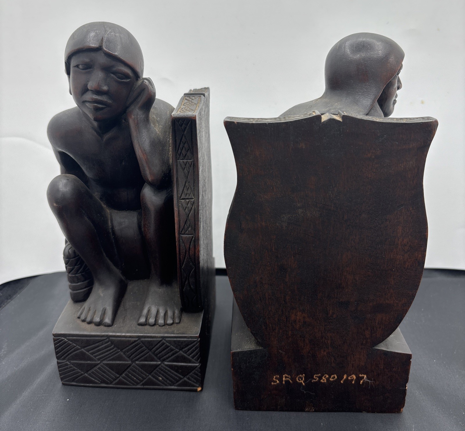 PAIR OF VINTAGE Hand Carved WOOD BOOKENDS FROM- TRIBAL MALE FIGURES