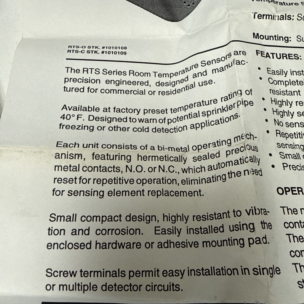 Potter Electric RTS-C Room Temperature Switch Open when below 40