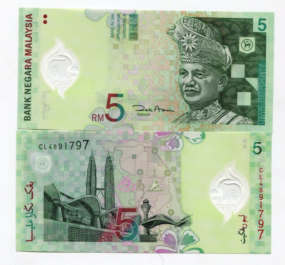 Malaysia 5 Ringgit Polymer UNC Banknote Money