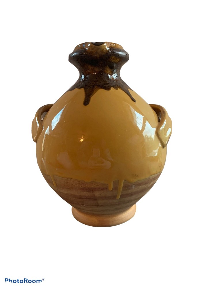 Ceramic Jug Pitcher Brown And Honey Colored Drip Three Handles ￼Old Fashioned