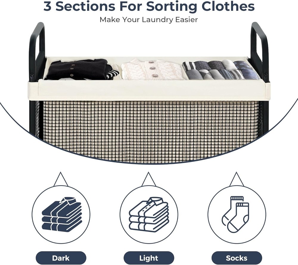 Laundry Hamper 3 Section 120L Rolling Laundry Sorter Cart W/ Removable &