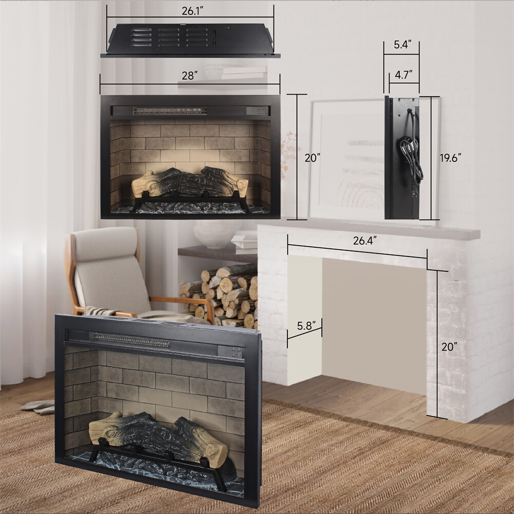 28 In Electric Fireplace Insert 3D Multicolored Flames Timing Function 400 Sq ft