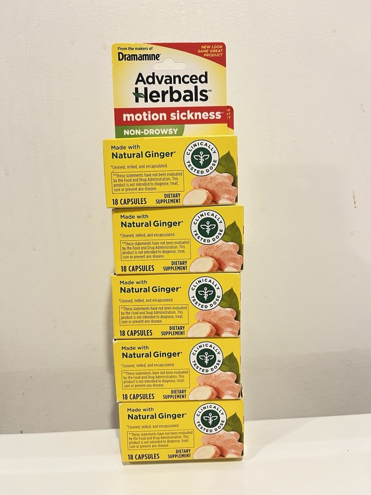 5 Pack - Advanced Herbals Motion Sickness Non Drowsy Ginger Capsules 18 Count