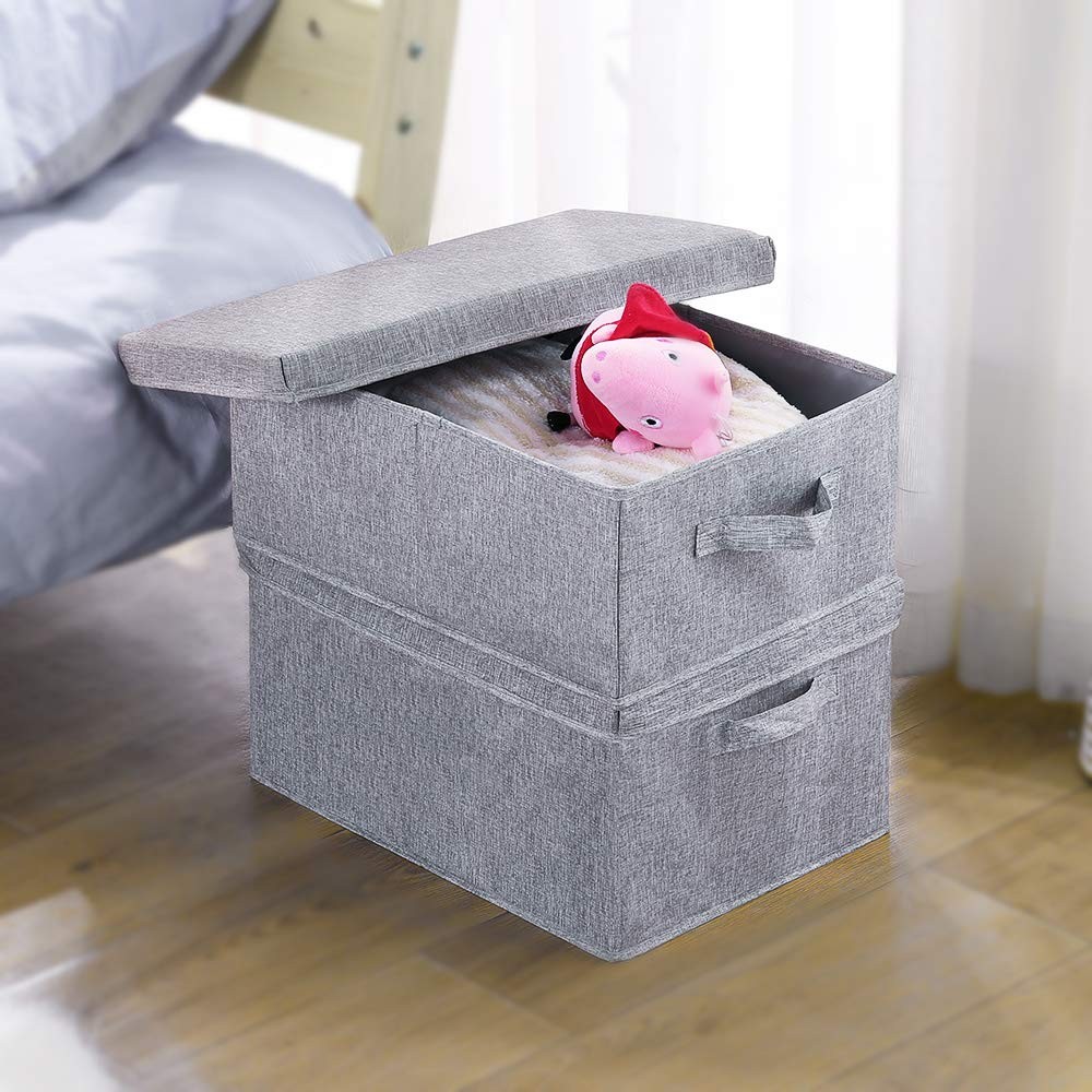 Linen Foldable Storage Bins with Lids, 2 Pack, Storage Boxes with Carrying Ha...