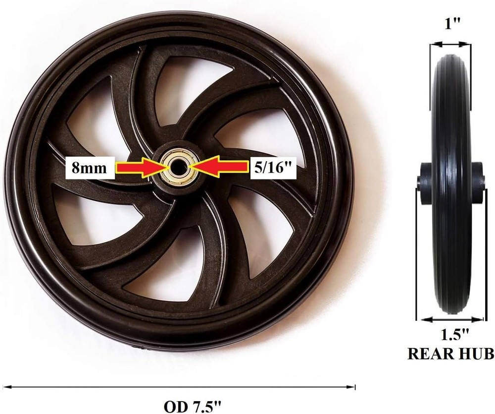 Solid 7.5" Black Flat-Free Wheels for Rollator Mobility - Sturdy Design Included