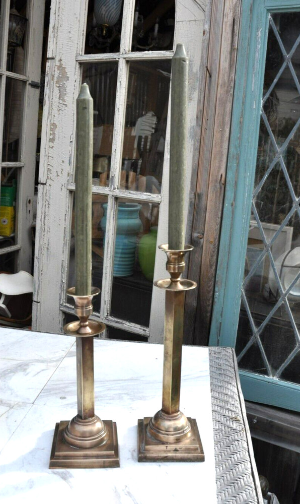Vintage Pair of Solid Brass Candlestick Holders Square Footed Base India