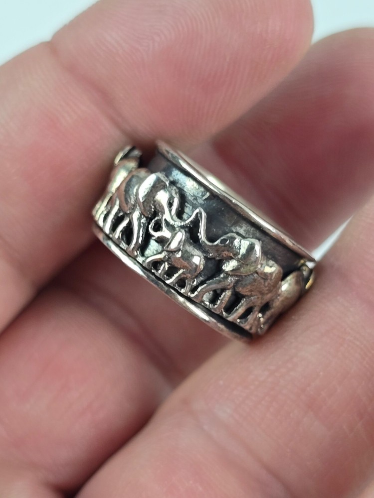Solid Sterling Silver Elephant Family Spinner Ring 11mm Band size 7 unsigned