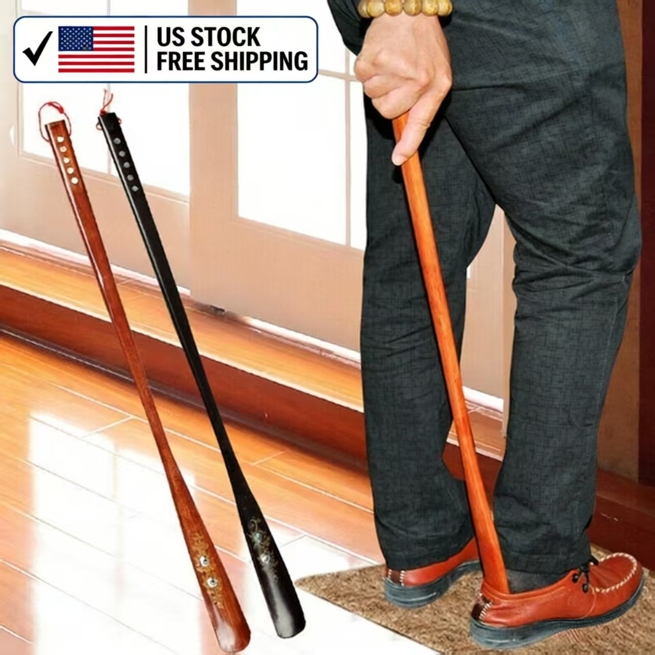 21" Shoe Horn Extra Long Vintage Wooden Handle  Wooden Shoehorn Easy AID Horn US