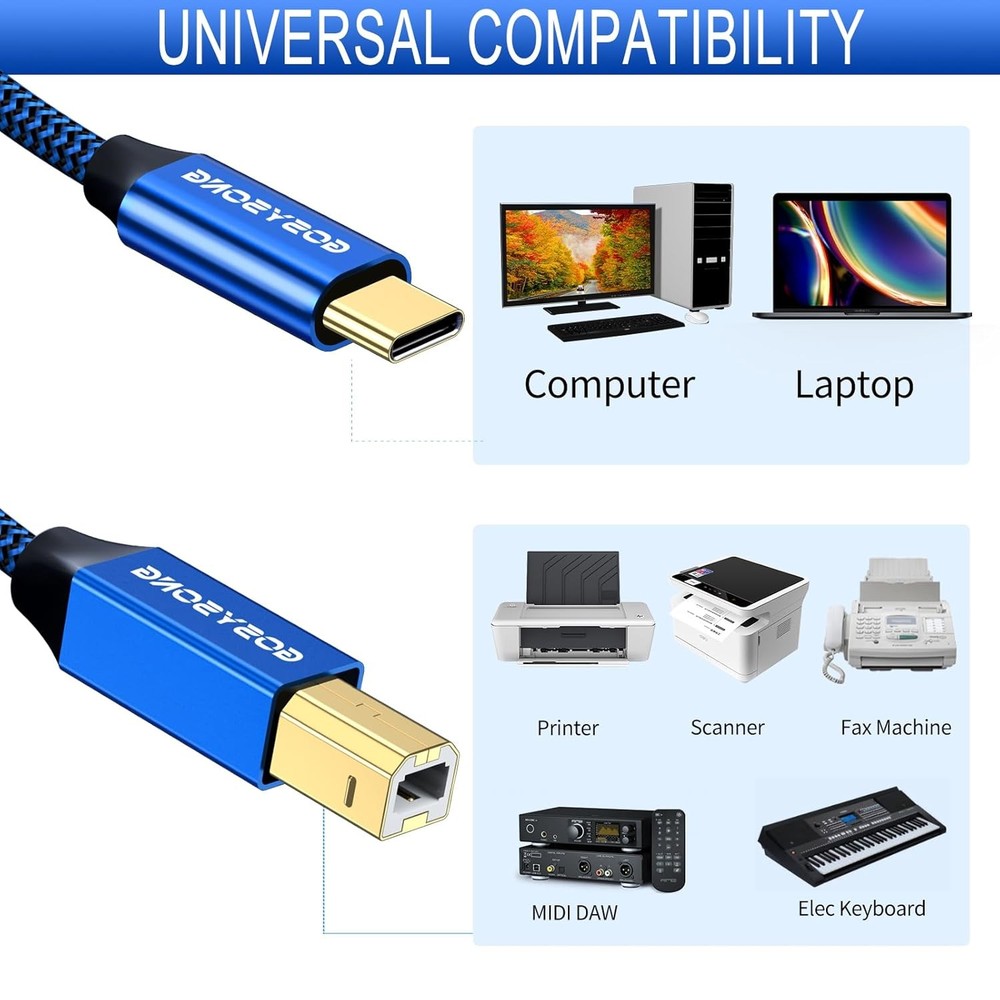 USB C to B Printer Cable - 15ft High Speed Compatible with 15ft, Blue