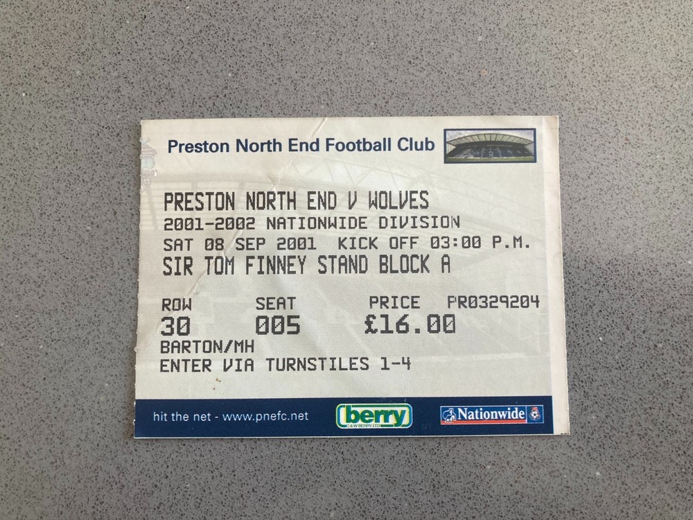 Preston North End v Wolverhampton 2001-02 Match Ticket