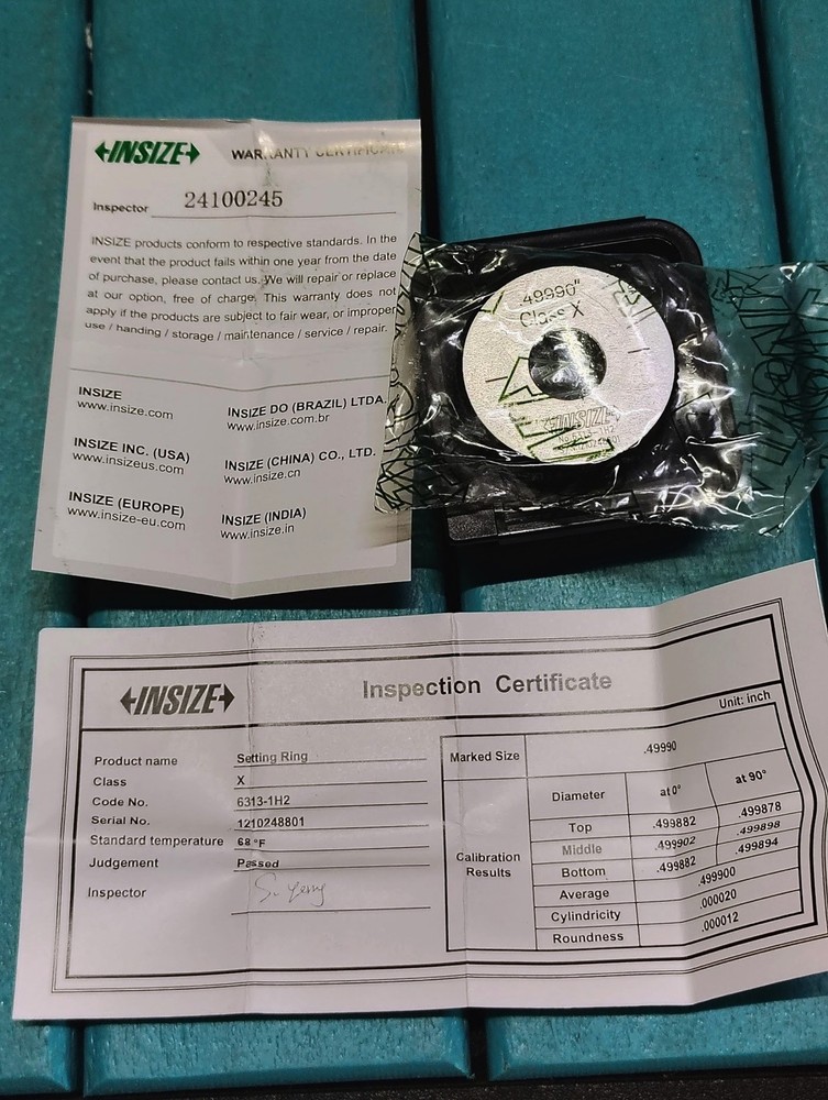 New Insize 1/2" 0.5" Setting Ring Bore Gage Calibration Master Standard