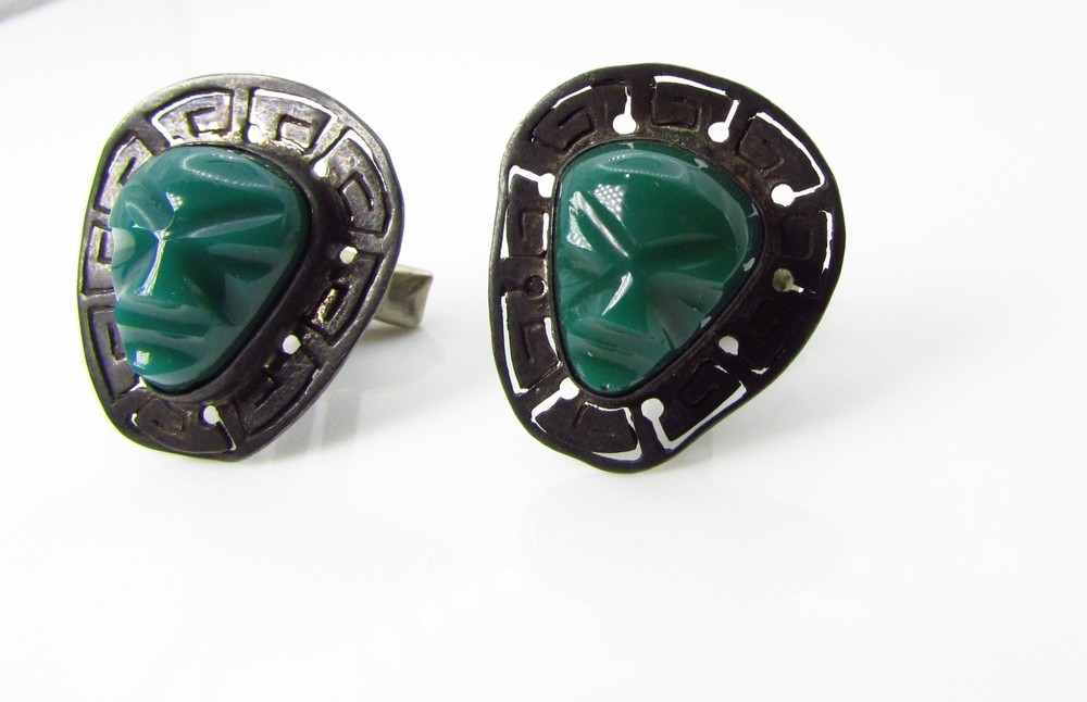 Sterling Front Cufflinks with Green Onyx Aztec Mask