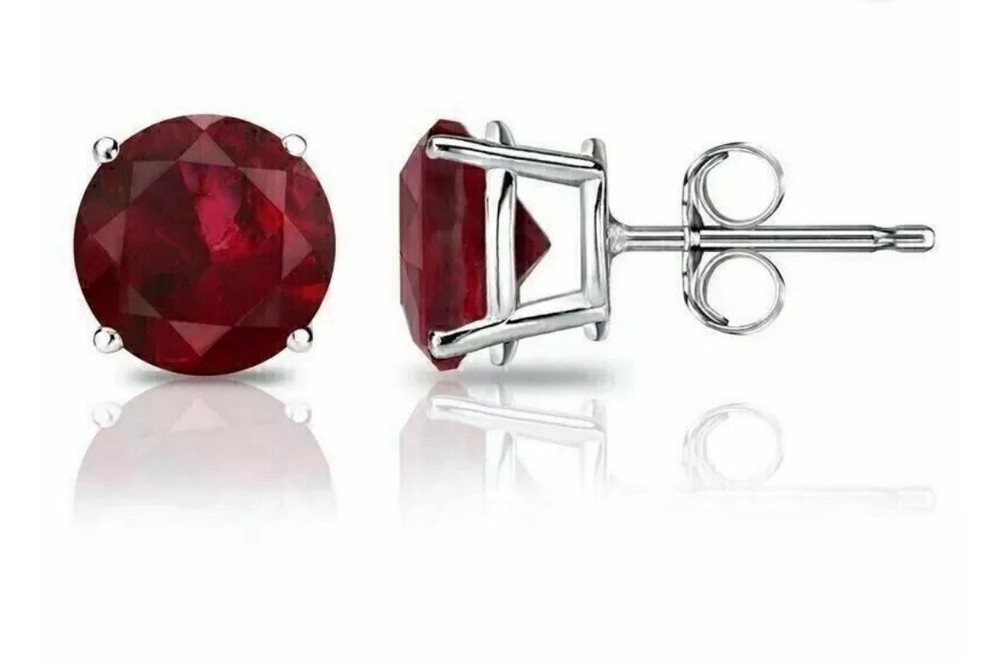 4 CT LAB CREATED RED RUBY STUD EARRINGS 14K WHITE GOLD ROUND CUT 7MM PUSH BACK