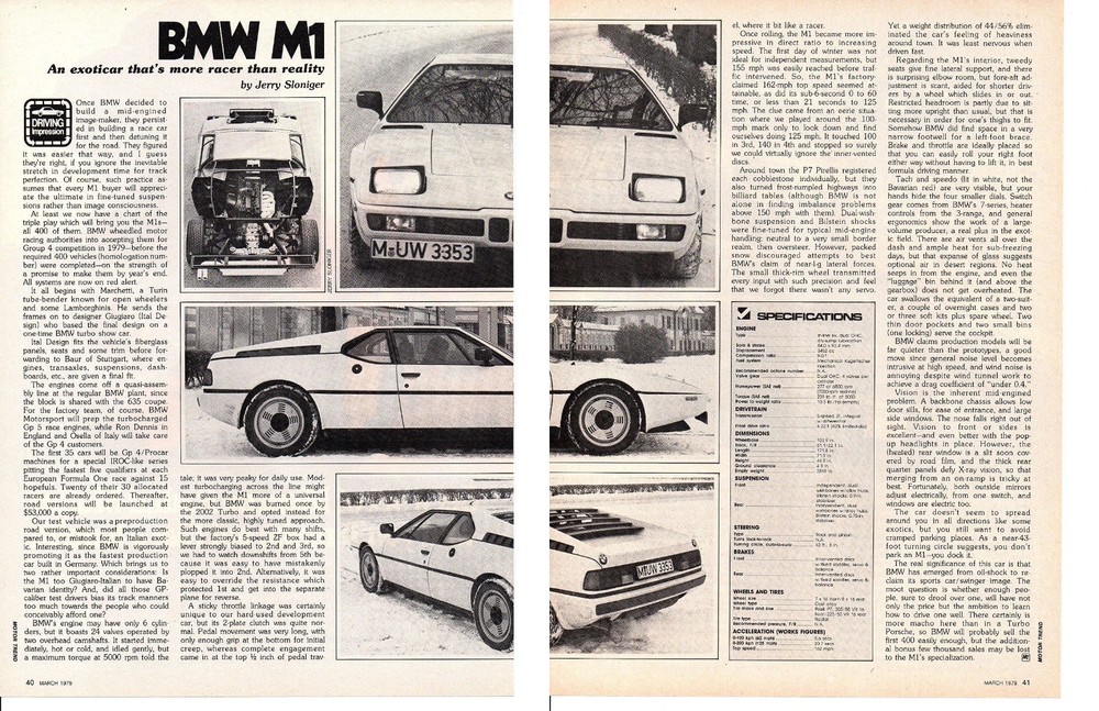 1979 BMW M1 ~ ORIGINAL 2-PAGE ARTICLE / AD