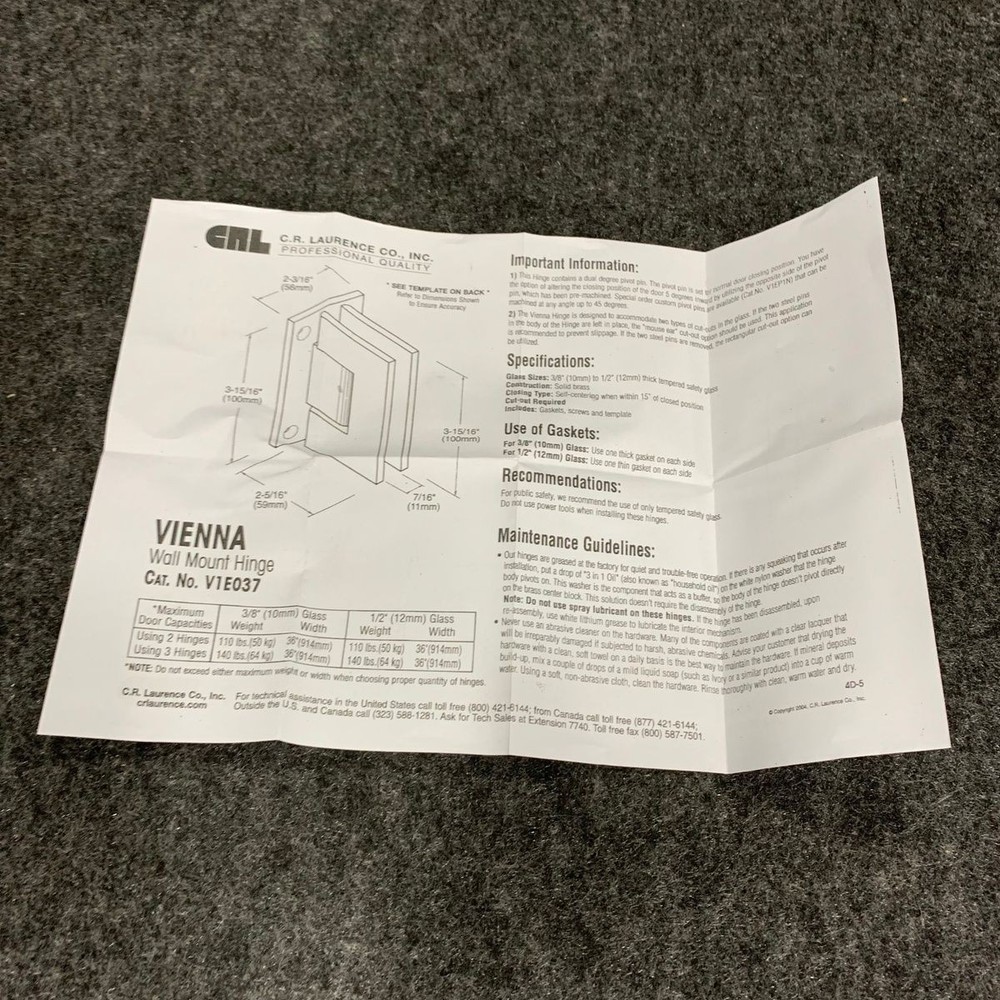 CRL Vienna Wall Mount Hinge V1E337BN