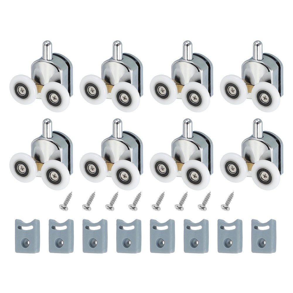 8Pcs 25mm Double Shower Door Rollers Copper Bottom Wheels Pulleys Guide Silver