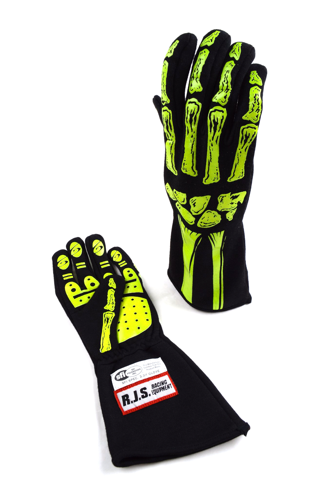RJS RACING SFI 3.3/5 NEW SKELETON RACING GLOVES LEMON / BLACK SIZE LG 600090162