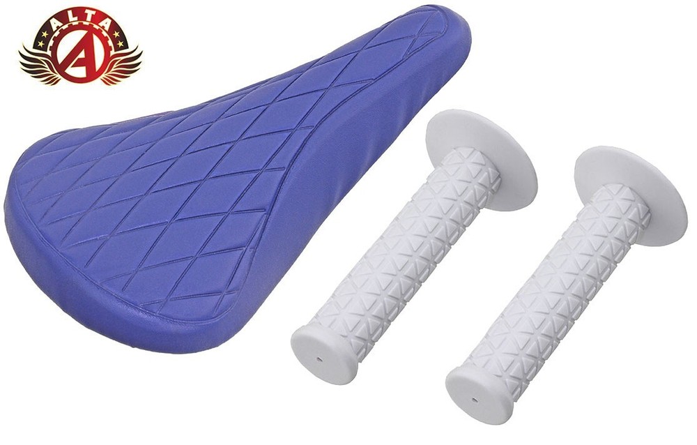 ALTA Blue Diamond Saddle & White Triangle Grips BMX BIKES.