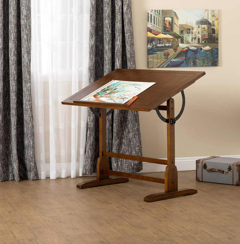 Vintage Drafting Table & Retro Stool Bundle | Solid Wood Craft Set